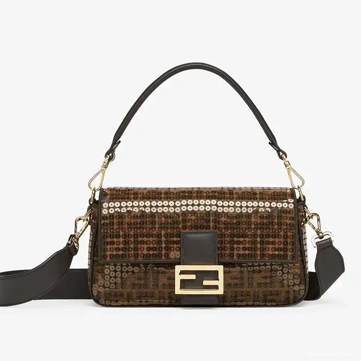 Cheap HOT Fabric FF Medium with Bag Sequins Baguette Motif Brown Fendi In 0701